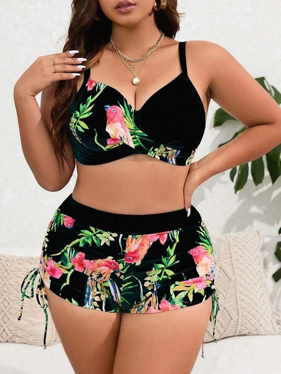 Plus Size Tropical Print Push Up Bikini, Supportive Two Piece Swimsuit for Beach Vacation