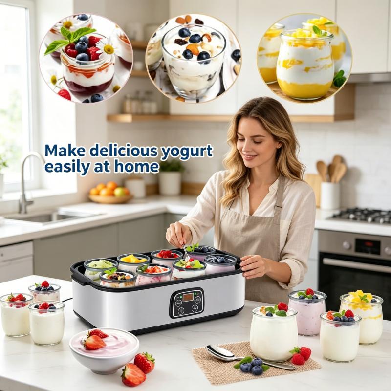 Fully automatic yogurt machine with adjustable temperature and 48 hour time control for fresh homemade yogurt desserts, 8 cans, LED display screen, multifunctional electric yogurt machine