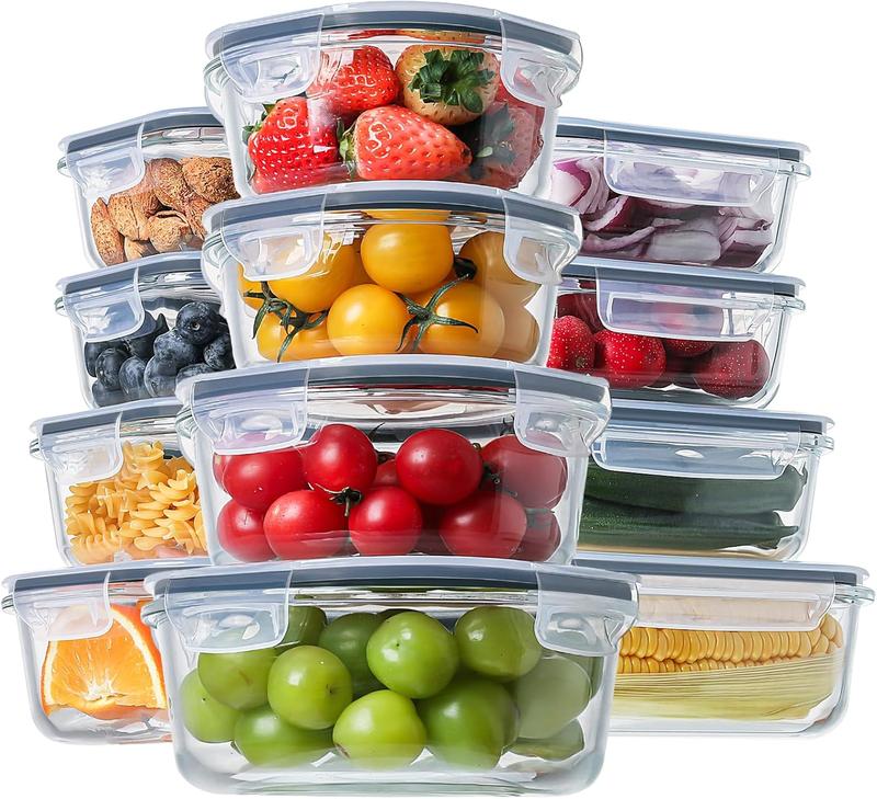 12-Pack Glass Food Storage Containers | 4-Color Airtight Lids | Meal Prep Essential for Weekly Planning | TikTok Home Organizing Hack
