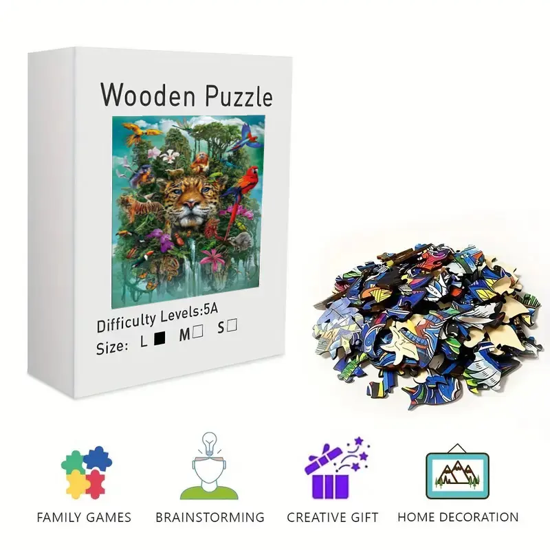 Jungle Wildlife Wooden Jigsaw Puzzle for Adults & Kids - Challenging Irregular Shaped Pieces, Leopard & Rainforest Animals Art Puzzle, Stress Relief Brain Teaser, Framable Wall Art & Home Decor