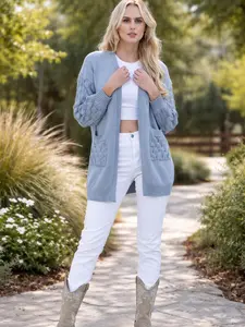 Textured Knit Pocket Cardigan - Solid Color Diamond Textured Sleeves & Pockets - Open Front Draped Neckline Mid-Thigh Length Long Textured Knit Balloon Sleeves Relaxed Fit Soft Stretch Knit Everyday Wear Work Casual Outings Travel Fall Winter Layering