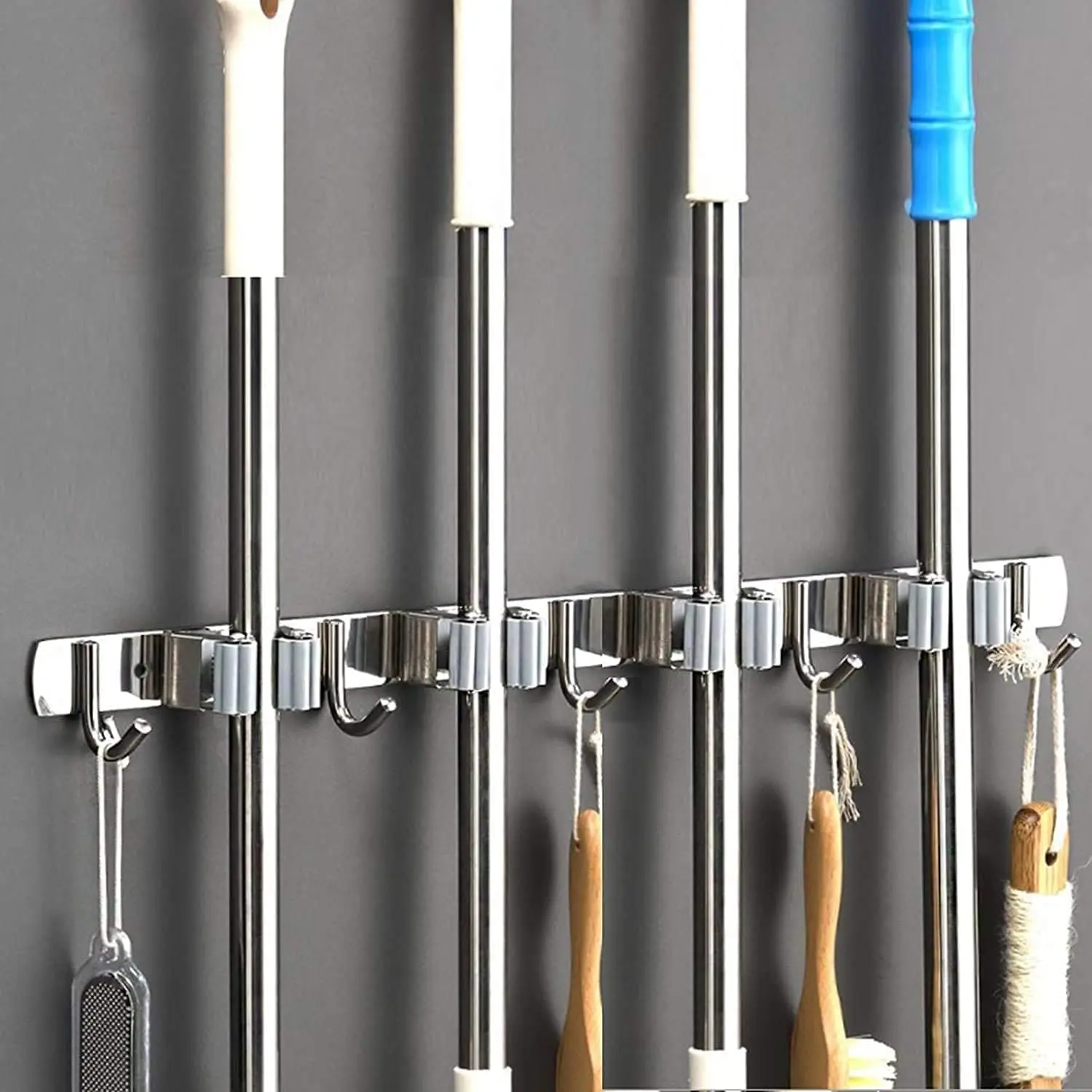 Stainless Steel Wall-Mounted Broom & Mop Holder Organizer Rack - 4 Slots, 5 Hooks, Adhesive Tape Included - Bathroom/Kitchen Storage Box for Casual Home Organization, Slots & Hooks