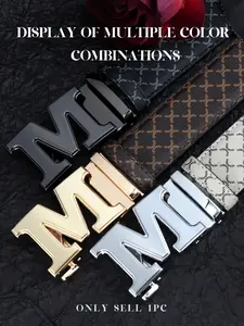 Trendy Geometric Print Adjustable Belt with Automatic Buckle, Casual Business Men's Waistband, Alloy Letter M Design, All Seasons Wear