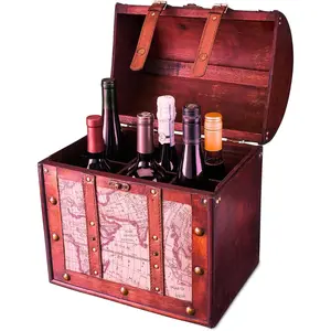 Old World 6 Wooden Wine Bottle Gift Box - Wine Decorative Storage Box with Lid and Handle, Wood, Faux Leather in Antique Map Design Liquor Gift Box