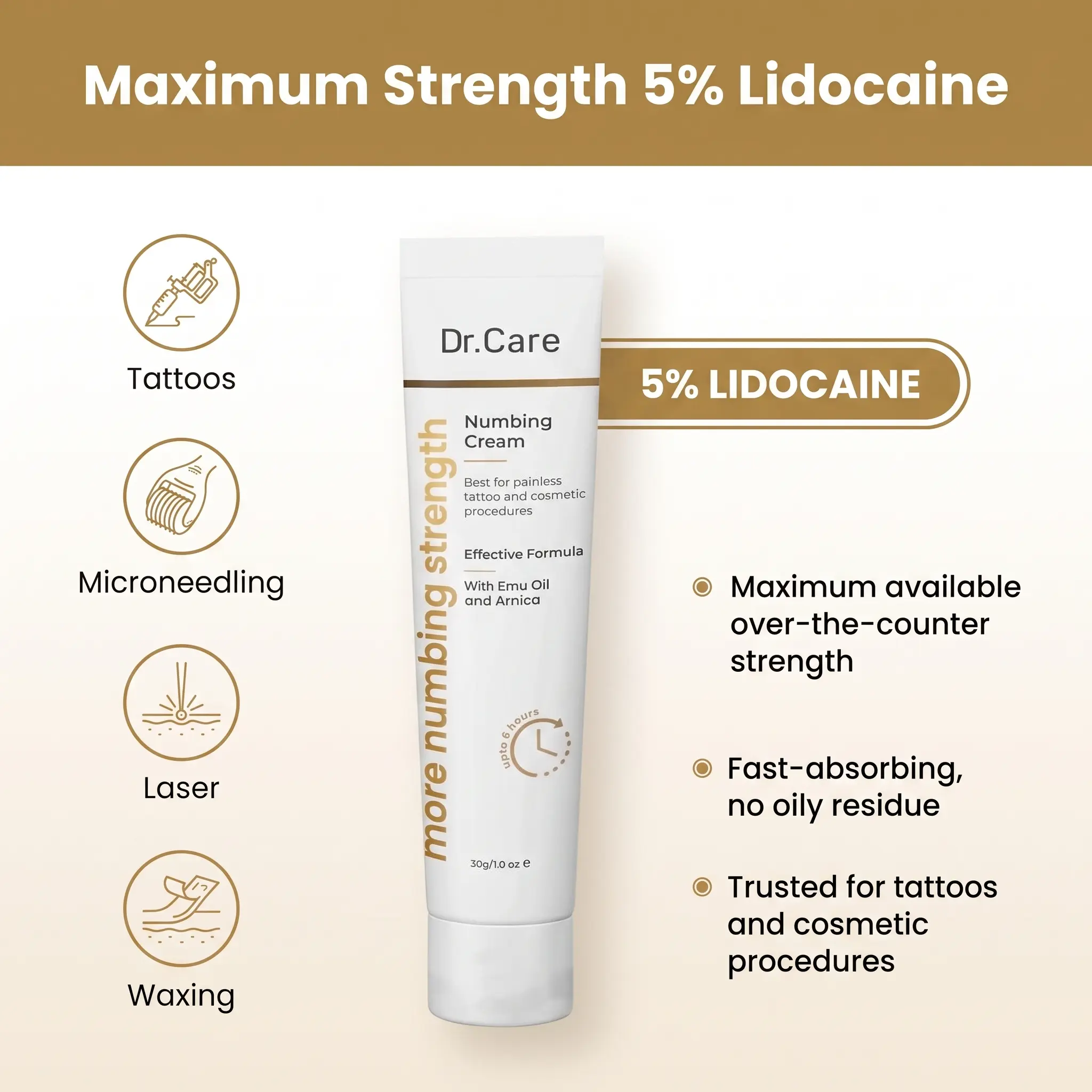 Dr. Care Maximum Strength 5% Lidocaine Numbing Cream for Tattoos, Laser & Skin Comfort (1.0 oz)