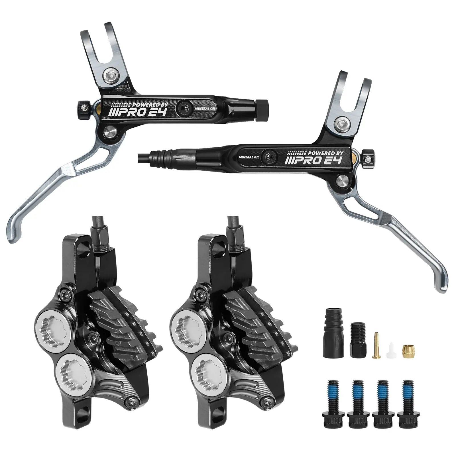 BUCKLOS IIIPRO MTB 4 Pistons Hydraulic Disc Brake Set Front 800mm and Rear 1550mm with Ceramic Brake Pad for Mountain Bike(Pre-Bled)