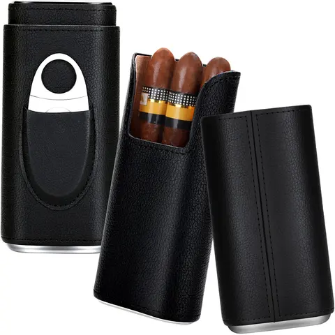 Portable Travel Humidor Case for Cigar, Cedar Wood-Lined 3-item Holder with Accessory Pocket, U-Notch Quick Grab, Ideal Gift for Men, Husband & Dad
