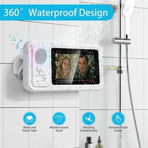 Shower Phone Holder with Bluetooth Speakerfor Bathroom, Kitchen, Pool 360° Rotatable Waterproof Touchscreen Case Audio Cable Crystal Durable Mount Smartphone Stereo Cellphone