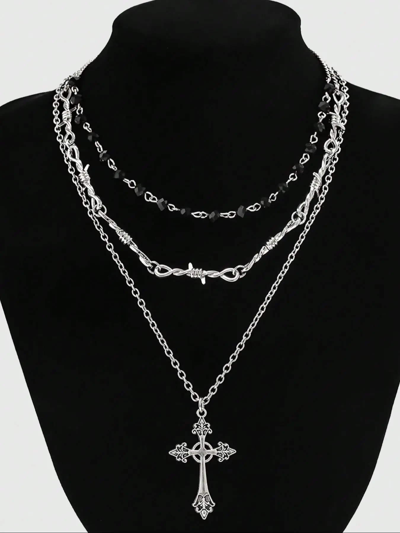 3-Piece Gothic Punk Cross Stacked Necklace for Men and Women, Retro Halloween Party Black Bead Chain Thorn Necklace Set, Punk Layered Necklace Cross Necklaces