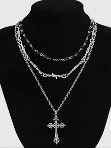 3-Piece Gothic Punk Cross Stacked Necklace for Men and Women, Retro Halloween Party Black Bead Chain Thorn Necklace Set