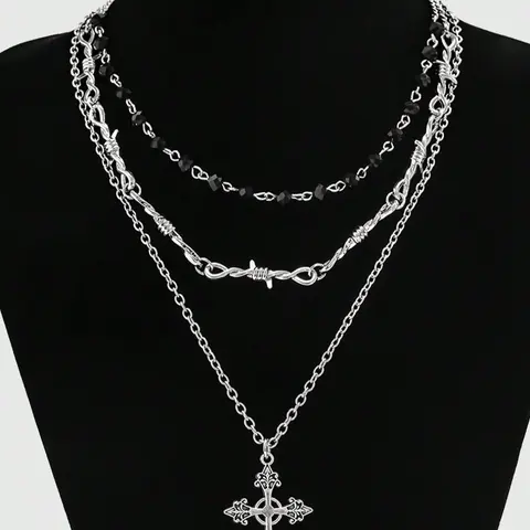3-Piece Gothic Punk Cross Stacked Necklace for Men and Women, Retro Halloween Party Black Bead Chain Thorn Necklace Set, Punk Layered Costume Jewelry Necklace Cross Necklaces