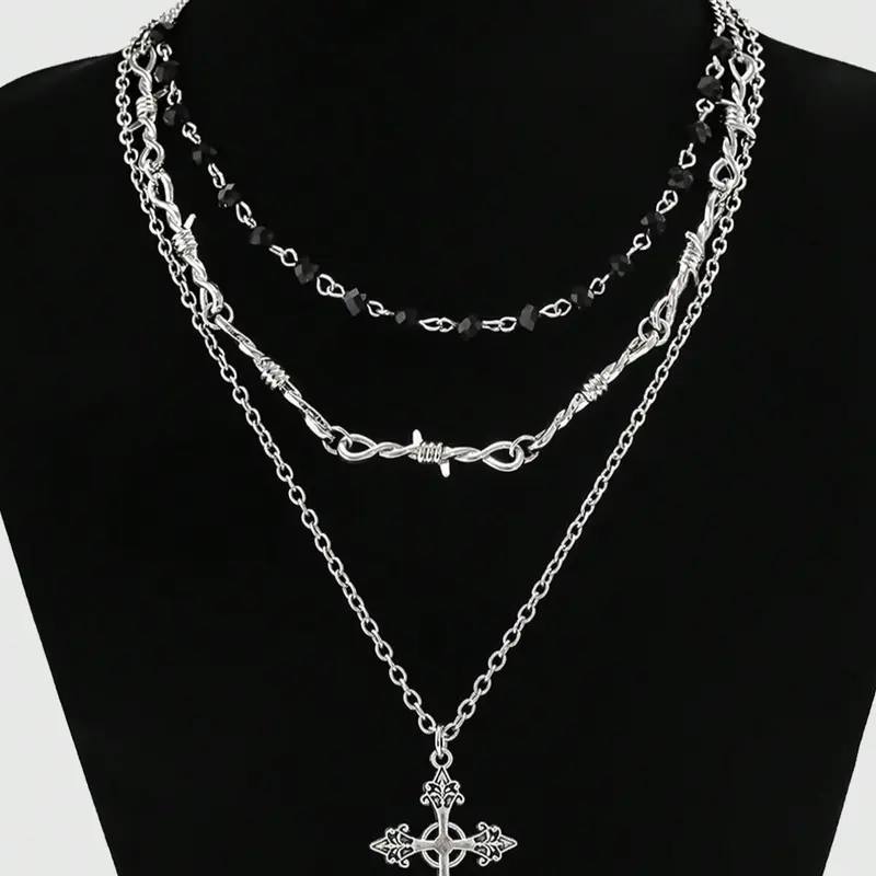 3-Piece Gothic Punk Cross Stacked Necklace for Men and Women, Retro Halloween Party Black Bead Chain Thorn Necklace Set, Punk Layered Costume Jewelry Necklace Cross Necklaces