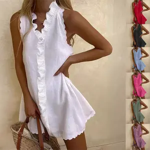 Dress Women Sexy Spaghetti Strap Ruffle Summer Dress Cotton Linen Vestidos Green Dresses Off Shoulder Sexy Mini Sundress Women Summer Dress Ruffle V Neck Sleeveless Loose A-line Mini Dress Flower Edge Solid Color Short Dress for Dating Prom Beach