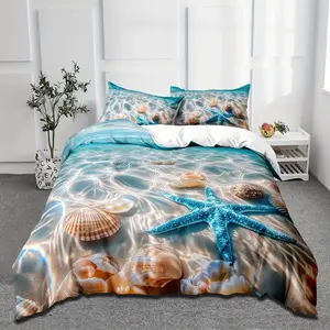 3-piece set of starfish shell pattern bedding, machine washable polyester material, preferred for bedrooms and guest rooms, birthday gift (including 1 down duvet cover+2 pillowcases, coreless)