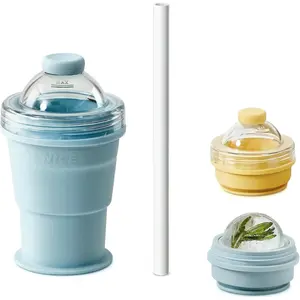 2-in-1 Collapsible Silicone Ice Ball Maker Cup, Reusable Portable Ice Sphere Mold with Straw & Lid, Easy Demolding, Leakproof Travel Tumbler for Coffee, Juice, Home, Gym, Outdoor
