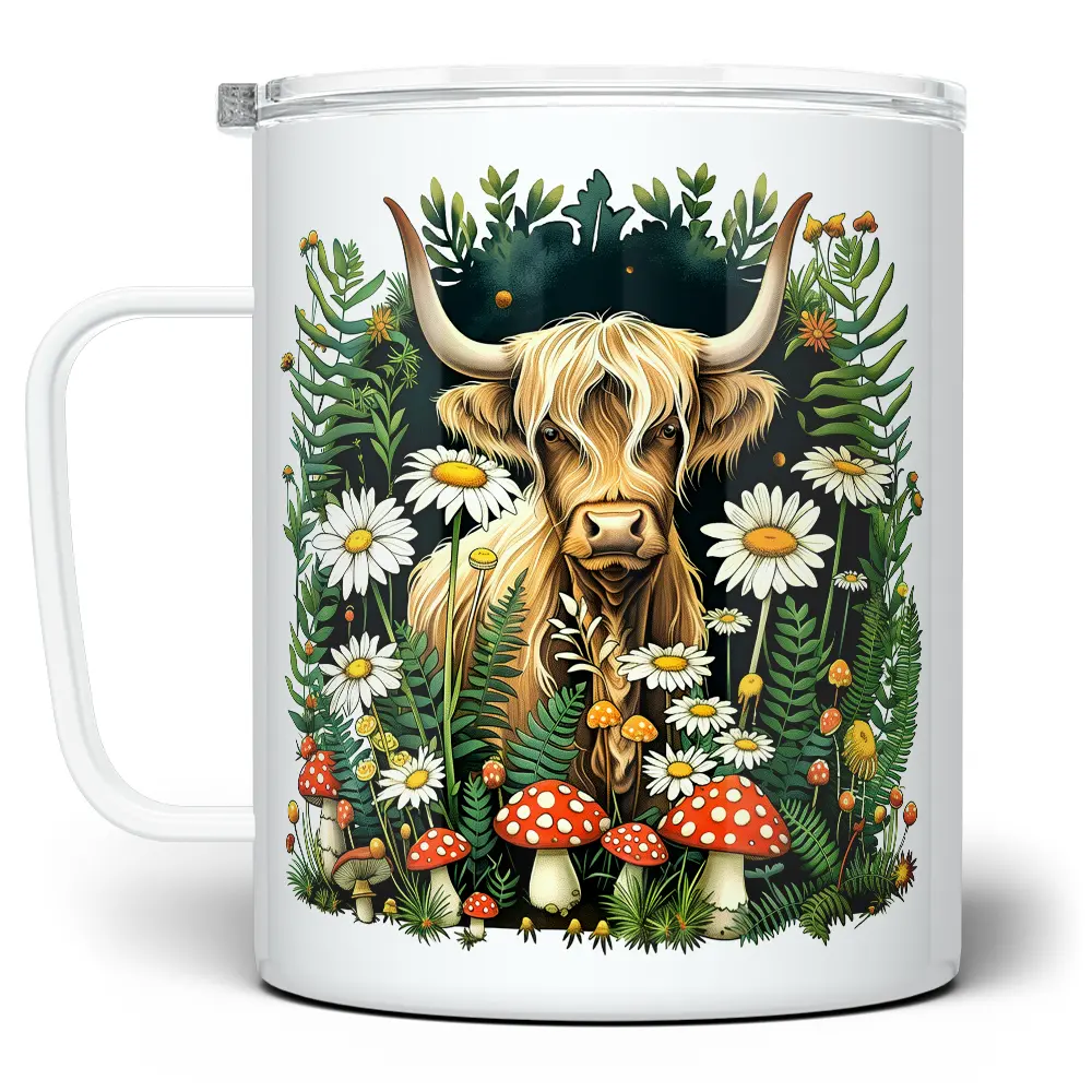 LOFTIPOP Cottagecore Highland Cow Coffee Mug, Whimsical Woodland Floral Nature Mushroom Cup, Designed and Printed in the USA by Loftipop