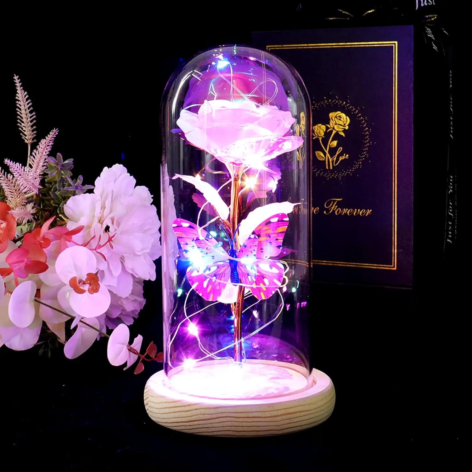 Galaxy Light-Up Rose in Glass Dome – Forever Preserved Christmas Rose with Butterfly| Elegant Gift for Women, Mom, Wife, Grandma – Birthday, Christmas & Prime Delivery Ready
