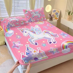 3 Pcs Dreamy Princess Unicorn Fitted Sheet Set, Bedsheet Sets, Exquisite Print Non-slip Bedding, For Kids Room Girls Bedroom, Warm Fairy Tale Style, Heartwarming Holiday Birthday Gift