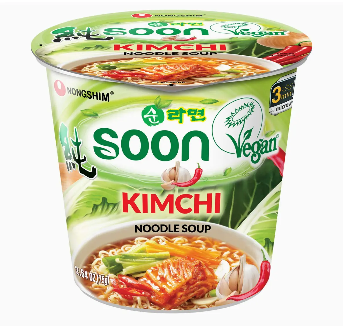 Nongshim Soon Kimchi Instant Vegan Ramen Noodle Soup Mix Cup, Microwaveable Vegan Meatless Ramen, Real Kimchi Flakes