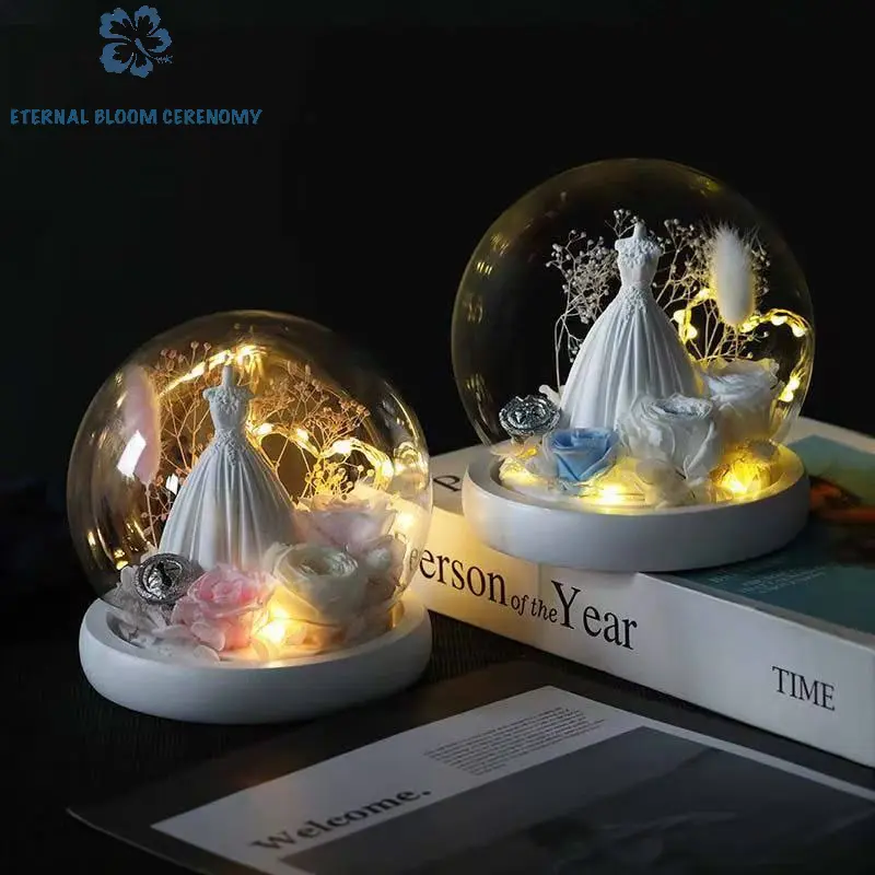 ETERNAL BLOOM Preserved Rose in Glass Globe with LED Fairy Lights, Baby’s Breath Accent & Handmade White Wedding Dress Ornament - Long-Lasting Preserved Roses for Adult Romantic Anniversaries, Home Decor Gifts