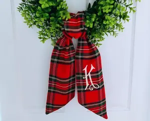Christmas Stewart red plaid monogram wreath sash for front door, personalized embroidered Tartan wreath sash, custom wedding shower gift