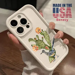 TPU Phone Case for iPhone 15 16 14 Pro Max 13 12 11 XR XS Plus E Artistic Cactus and Bird Composition Pattern Drop Protection Shockproof Soft Silicone Smartphone Cover Casing
