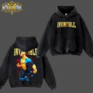 MetaHero Invincible Mark Grayson Superhero T-Shirt Hoodie #1 , Yellow Blue Comic Warrior Edition Double Printed Oversize Acid Washed Cotton Graphic Top, TV Series Streetwear Apparel, Classic Soft Relaxed Fit Fan Gift