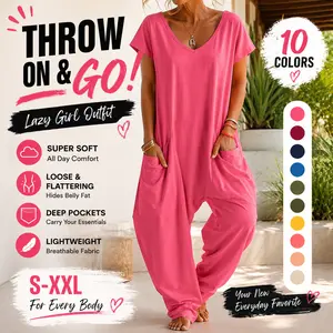 TFNOSIZE Women's 2-Piece Simple Plain Stretch Jumpsuit Set - V-Neck, Short-Sleeve, Loose-Fit, Soft Breathable Fabric, Elastic Ankle, Deep Side Pocket, Elegant Lady's Sleepwear Loungewear, Do Not Bleach, for Home Everyday Wear, Summervibe
