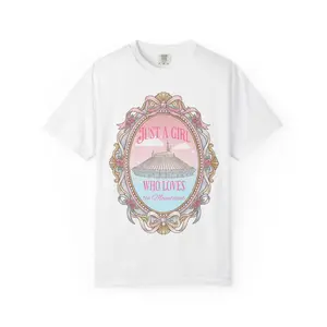 Just a Girl Who Loves the Mountains Tee — Women’s/Unisex Graphic Cotton T-Shirt with Coquette Pastel Framed Vintage Illustration | Theme Park OOTD Favorite | 100% Soft Vintage-Washed Cotton, DTG...