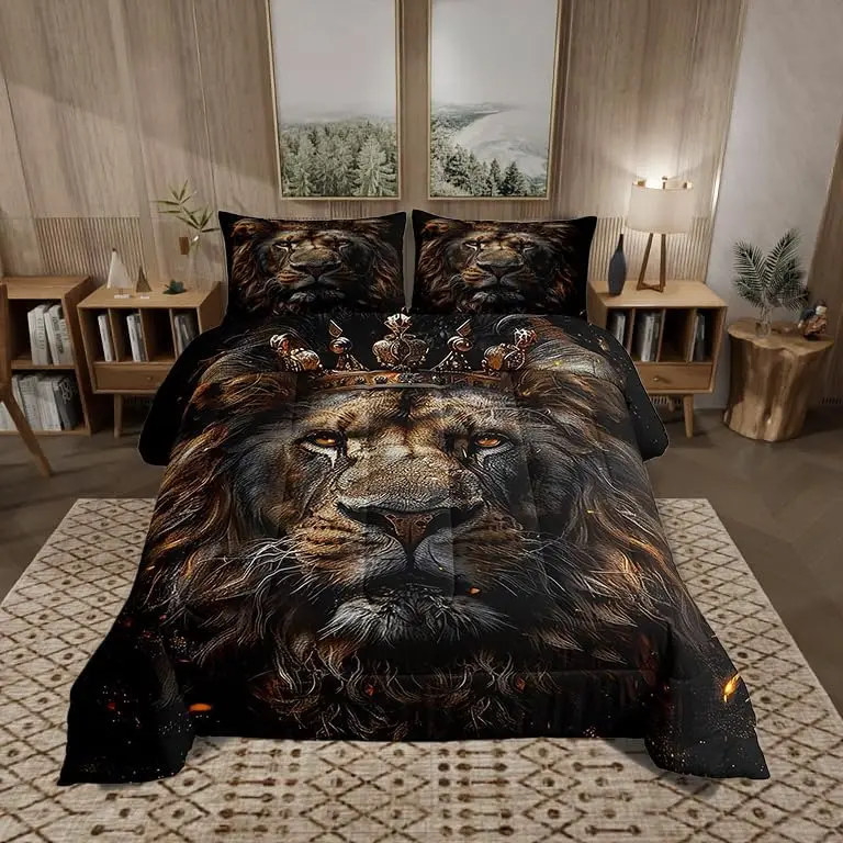 3D Lion Comforter Set Wild African Animal Bedding Set Bedroom Decor Golden Glitter Crown Quilt Set Comfortable and Breathable Luxury Black Duvet Insert