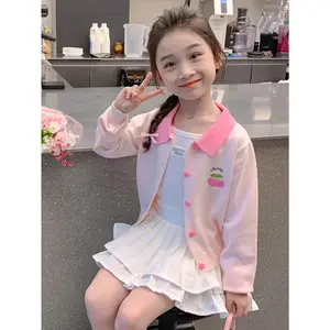 Girls' Pink & White Cardigan Sweater Jacket - Winter Warm Stretchy Long Sleeve with Collar & Strawberry Logo-Like Patches (No-Sew), Soft Pink Trim for, Parties, Casual Attire - Baby to Teen Coats