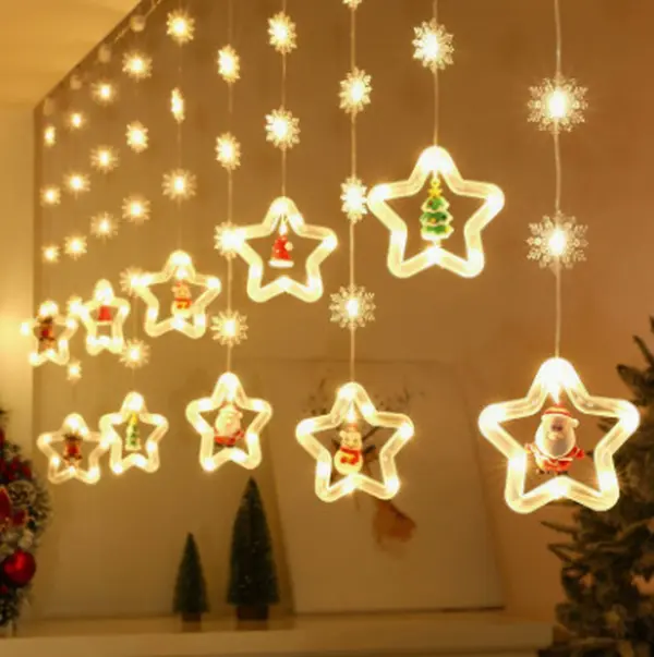 Christmas Star Curtain String Lights - Warm White LED Window Hanging Icicle Fairy Lights with Santa Snowman Tree Pendants, Waterproof Holiday Backdrop Light for Bedroom Party Home Decor