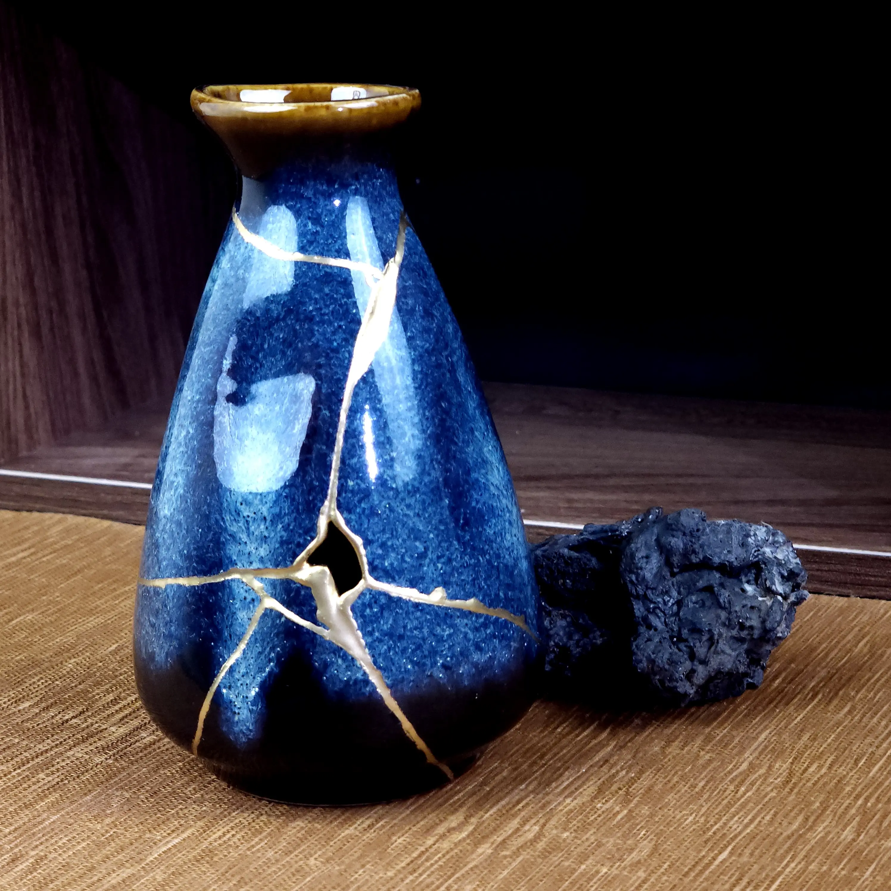 Blue Reactive Glaze Kintsugi Vase (Decorative Only) - Wabi-Sabi Ceramic Art (5.3")