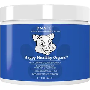Happy Healthy Organs & Glands Supplement For Cats, Freeze-Dried Raw Bovine Liver Grass-Fed Bone Marrow Heart Kidney Pancreas, Bovine Thymus Iron Multi Organ Powder, Joints Cat Vitamins 1.48 oz