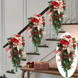 Christmas Wreath - Country Style Decorative Hanging Ornament with Snowberry, Bow Ribbon, Faux Pinecone & Bells, Door/wall Holiday Decoration Ornaments Decoration