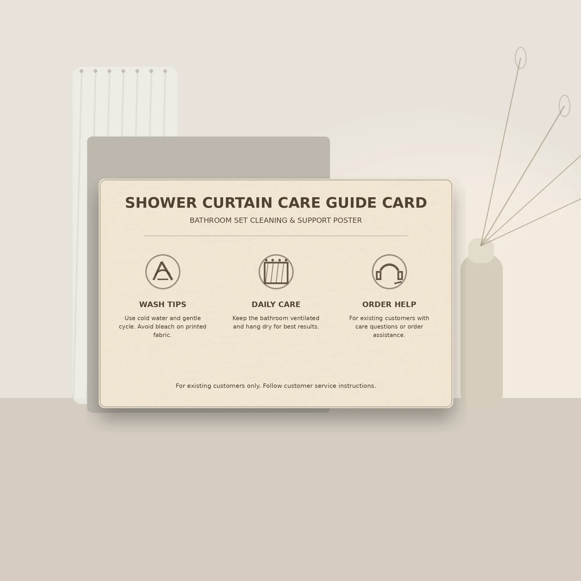 Shower Curtain Care Guide Card – Bathroom Set Cleaning and Support Poster