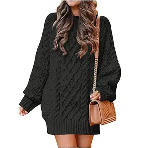 Women's Long Sleeve Crewneck Oversized Sweater Dress - Cable Knit Chunky Baggy Loose Pullover Tunic Minimalist Trendy Winter Outfits