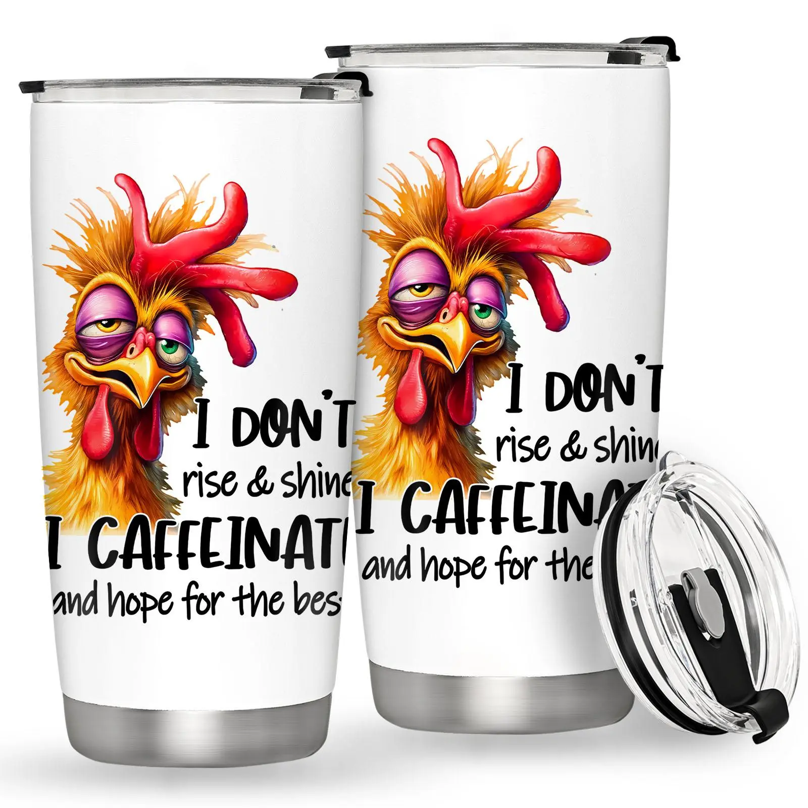 Funny Rooster 20oz Tumbler, "I Don't Rise & Shine I Caffeinate" Quote, Sarcastic Coffee Lover Gift, Novelty Travel Mug