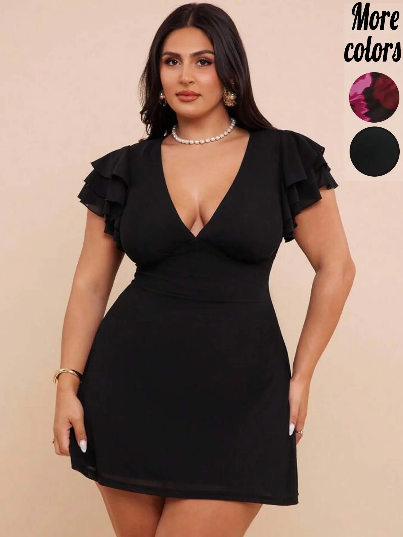 Plus‑Size 1 Piece Ruffle Sleeve V‑Neck Bodycon Dress, Urban Chic, Ruffled Style, Figure‑Hugging Silhouette & Breathable Mesh Material, For Curvy Women, Ideal for Evening Gatherings, Cocktail Hours & Urban Nightlife, Trendy Plus‑Size Party Dresses