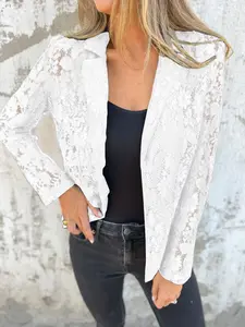 Blazer Made of Continuous Hollow-Out Lace Mesh,  Open Front Long Sleeve Casual Jacket with One Button, Women's Solid Color Lace Woven Blazer, Elegant Women's Slim Fit Suit Jacket, Work Office Business Lightweight  Blazer