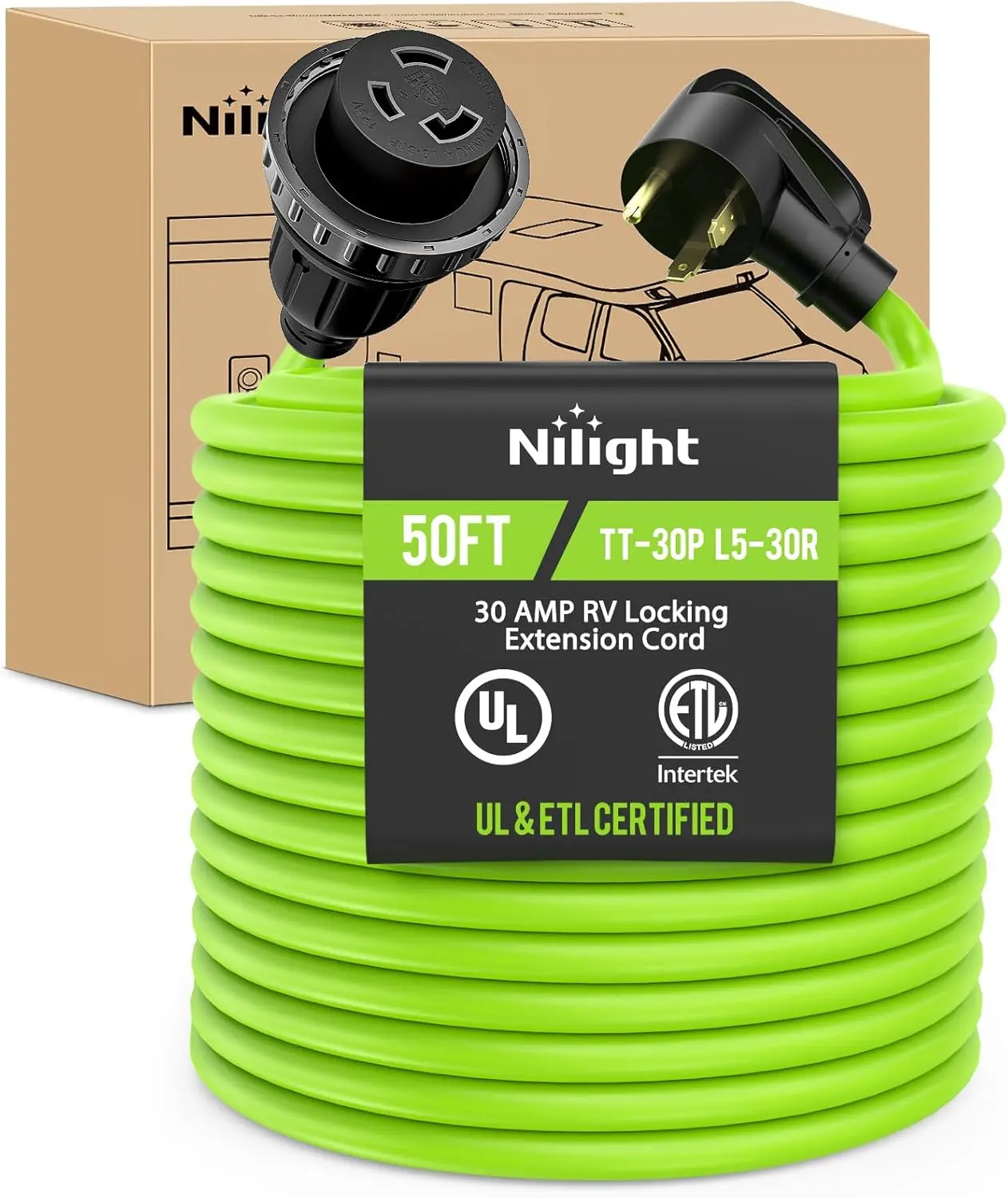 Nilight 50FT 30 Amp RV Locking Extension Cord 125V Heavy Duty 10/3 Gauge Pure Copper STW Wire UL ETL Listed 3 Prong TT-30P L5-30R Weatherproof Suit for Camper Caravan Trailer Bright Green