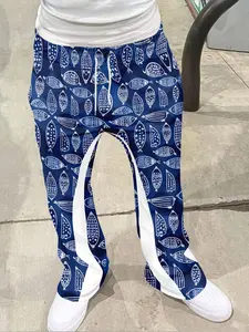 Nautical Fish Pattern Print Flared Pants - Coastal Art Casual Trousers
