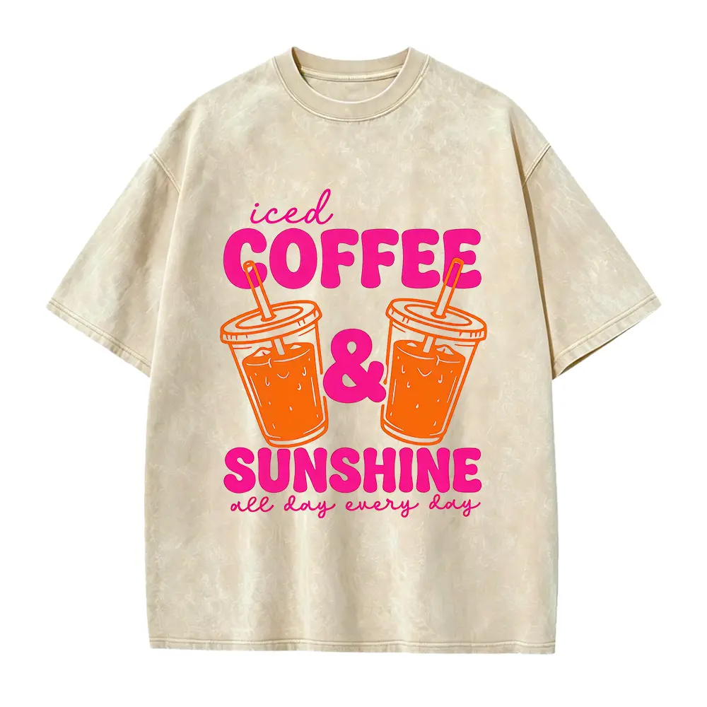 Women's Iced Coffee Sunshine Graphic T-Shirt - Casual Short-Sleeve Crewneck, Smooth Solid Cotton, Loose Fit, Elastic for Coffee Lovers, Shortsleeve