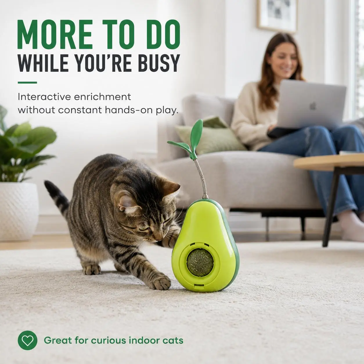 Interactive Cat Toys for Indoor Cats, Avocado Wobble Treat Dispenser with Catnip Ball & Bell, Pet Toys for Cats, Cat Enrichment Toy