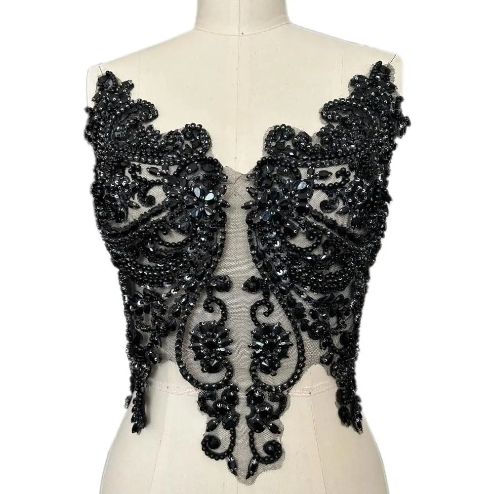 Handmade Rhinestones Lace Appliques - Sew-On Glass Beads Bodice Trim Patches, Festive Party Dress Accessory (Black), Bodice Patch