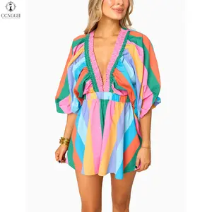 Womens Casual Spring Fall 2026 Deep V Neck Knotted  Chiffon Elegant Mini Short Swing Skater Dresses