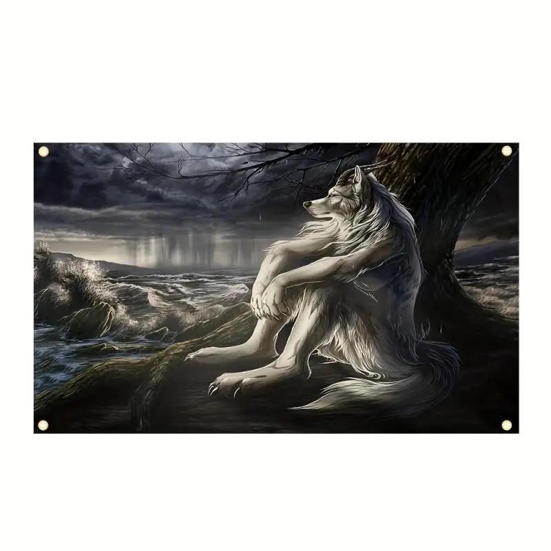 Wolf Pattern Flag, 1 Count Creative Cool Animal Design Backdrop, Decorative Banner for Home, Dormitory, Bedroom, Living Room,3x5fts Tapestry Wall Hanging Spooky Decoration Multicolor
