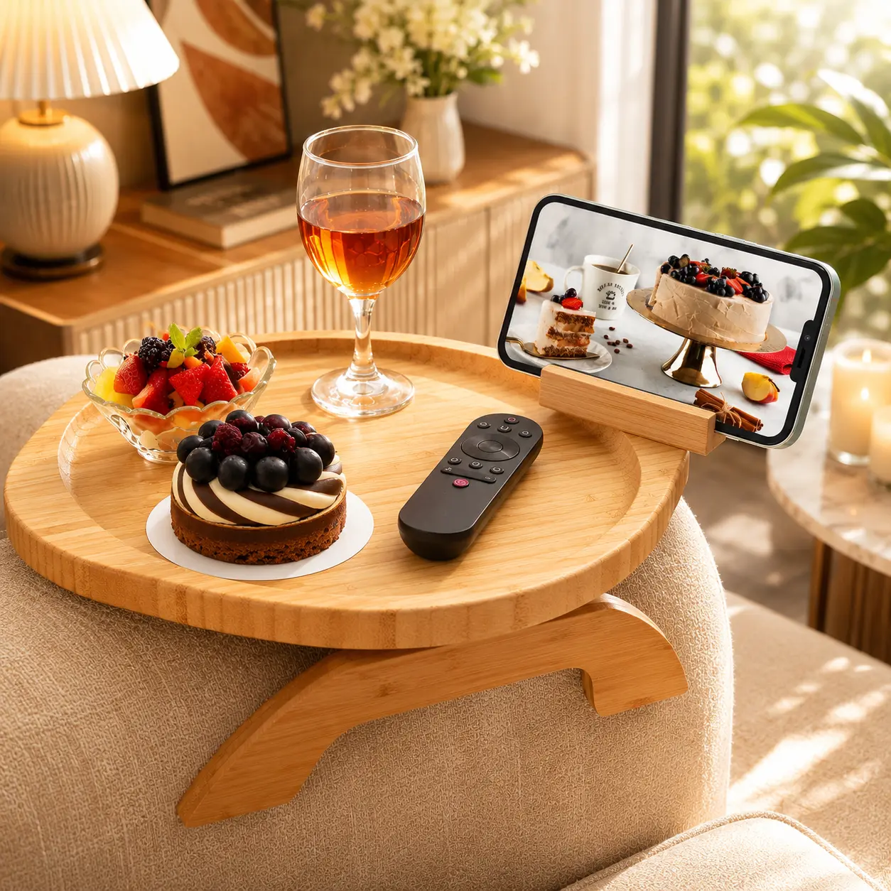 Natural Bamboo Rectangle Couch Arm Tray - Clip-On Indoor Furniture Sofa Armrest Table with Spring Clips, Non-Slip Silicone Strip, 360° Rotating Bracket, Retro Look, Adjustable Opening Angle, Foldable, Strong Grip for Home Use