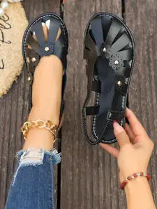 Women's Vintage Braided Roman Sandals, Flat Sole Closed-Toe Soft Leather Anti-Slip Beach Shoes, Versatile Comfortable Footwear