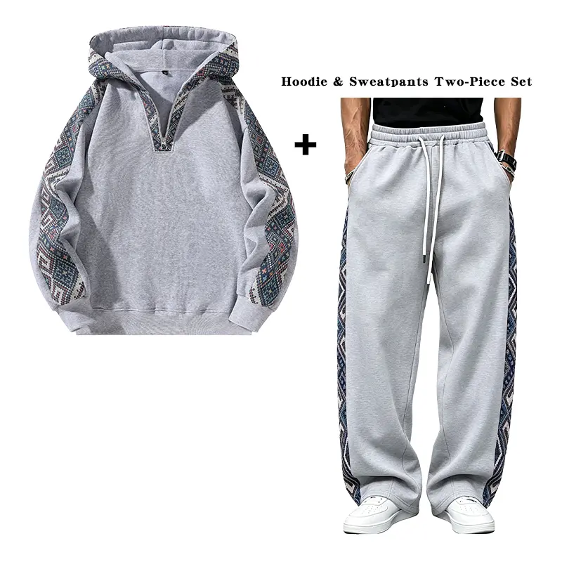 Men's Ethnic-Style 2-Piece Set, Long-Sleeve Half-Zip Hoodie with Jacquard Panels & Fleece Lining for Warmth, Athletic Casual Pants, Trendy Everyday Outdoor Apparel